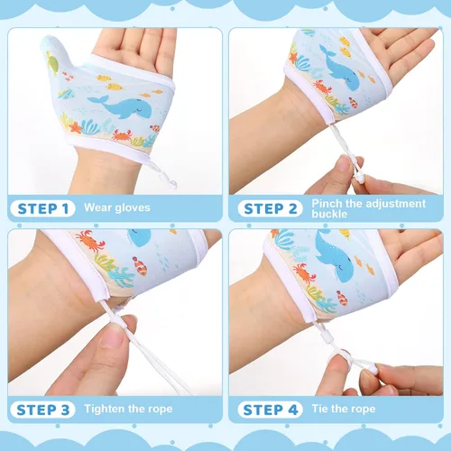 Miniatura 4 de Seematn 4 pares de guantes de succión de pulgar transpirables para niños pequeños que dejan de chupar los dedos de los dedos (3-6 años, dinosaurio)