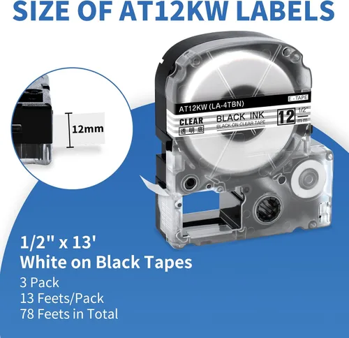 Miniatura 2 de Paquete de 3 cartuchos de cinta LK de repuesto para Epson LK-4TBN ST12KW LC-4TBN9 12mm LK negro sobre transparente de 1/2 pulgadas x 26.2 pies