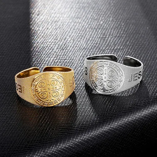Miniatura 7 de JAJAFOOK Anillo de Jesús San Benito de acero inoxidable con apertura ajustable, joyería religiosa católica