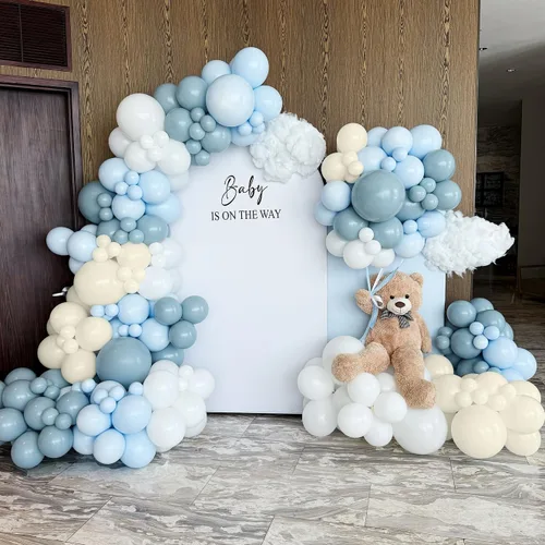Miniatura 10 de ECEAE Kit de arco de globos con tema de oso color azul claro, beige, marrón claro y marrón, globos crema, guirnalda de globos para decoración