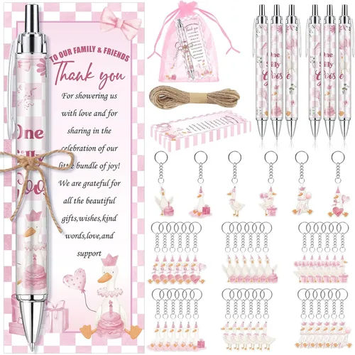 145 bolígrafos y llaveros de ganso rosa para baby shower, regalos para niñas, bolígrafos retráctiles para baby shower, revelación de género,