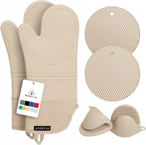 Miniatura 12 de Rorecay Juego de 6 guantes de horno y soportes para ollas para cocina, guantes de horno extralargos de silicona, resistentes al calor, 500 grados