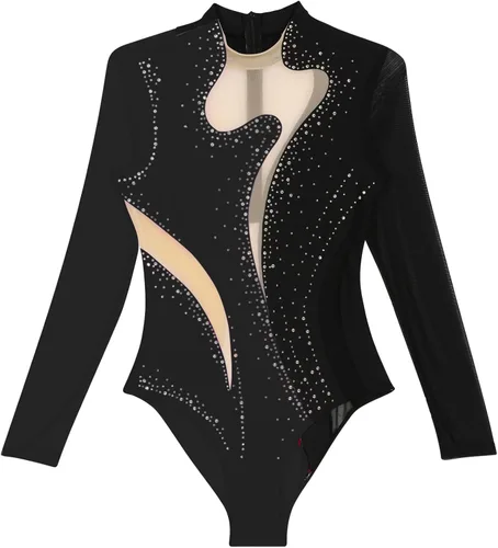 Miniatura 15 de iiniim Leotardo de malla para mujer, con diamantes de imitación, de malla, de manga larga, leotardos de gimnasia