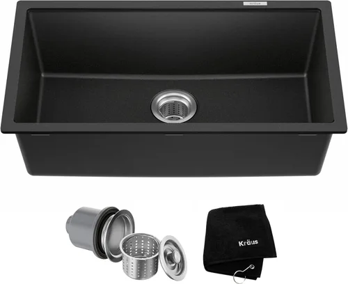 Kraus Quarza - Fregadero de cocina de granito para montar por debajo, cajón único de 31 pulgadas, en ónix negro, KGU-413B