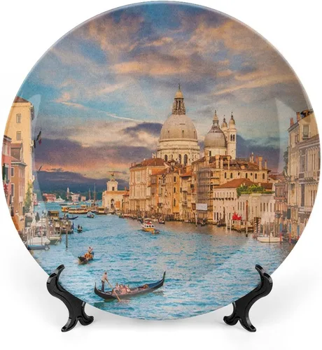 XISUNYA Plato decorativo de 6 pulgadas, plato de vajilla de Venecia, góndola en famoso canal grande estampado de cerámica para colgar en la pared