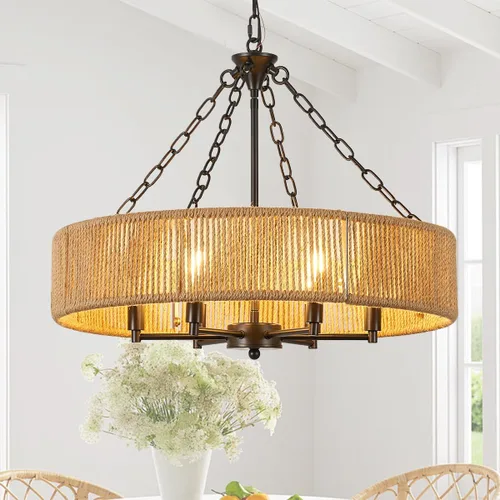 Miniatura 13 de Candelabro de casa de campo moderno, lámpara colgante rústica vintage, lámpara de araña con pantalla de vidrio craquelado, base de jaula de madera