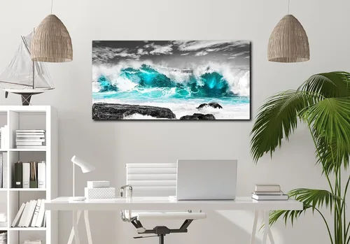 Miniatura 3 de Lienzo de playa para pared, pintura de océano, decoración de pared verde azulado para sala de estar, listo para colgar, tamaño 40 x 20 pulgadas