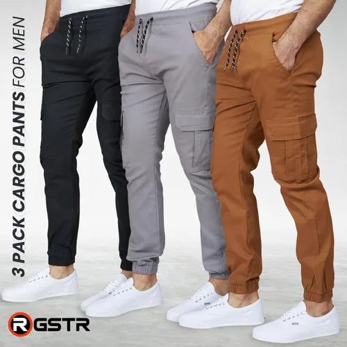 Miniatura 8 de RGSTR Paquete de 3 pantalones cargo para hombre, pantalones deportivos de sarga de ajuste relajado con cintura elástica y tela elástica, uso casual