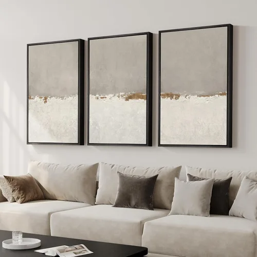 Miniatura 27 de Arte de pared abstracto neutro con marco grande para sala de estar, 3 piezas, impresiones modernas en lienzo para paredes, cuadros negros y beige