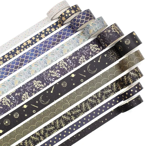 Miniatura 2 de Juego de cintas washi creativas 10 rollos de papel de aluminio dorado con estampado decorativo para manualidades, bricolaje, diarios, Mashup negro