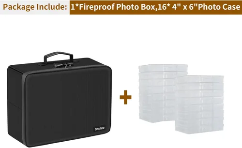 Miniatura 2 de DocSafe - Caja de almacenamiento de fotos con cerradura, caja organizadora de fotos ignífuga con 16 fundas interiores de 4 x 6 pulgadas Transparente