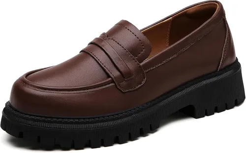 Miniatura 10 de Mocasines de cuero para mujer, zapatos de penny de plataforma gruesa, clásicos, punta redonda, cómodos, zapatos de trabajo de negocios