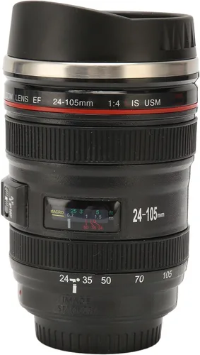 Fdit Taza de café con lente de cámara, taza de viaje de acero inoxidable con tapa, negro, aislada, portátil, para fotógrafos, hombres y mujeres