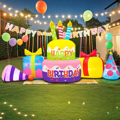 Decoración inflable de pastel de cumpleaños feliz de 8 pies con velas, decoraciones inflables para patio exterior, luces LED integradas para fiestas