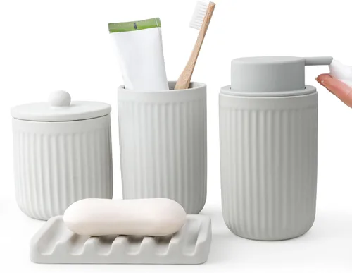 Miniatura 16 de BosilunLife Juego de accesorios de baño, juego de cerámica para decoración de baño, dispensador de jabón de espuma y soporte para cepillos