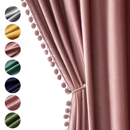 MIULEE Cortinas de terciopelo con pompones de color rosa seco para dormitorio/sala de estar, oscurecimiento, aislamiento térmico, cortinas opacas de
