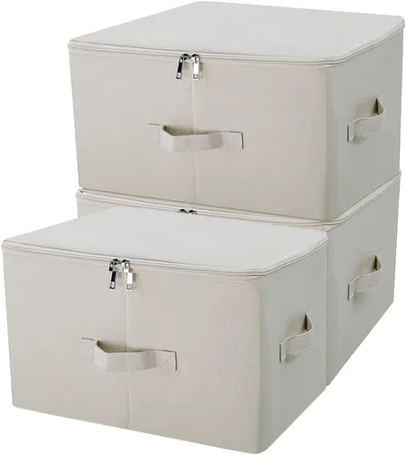iwill CREATE PRO Paquete de 3 cajas de almacenamiento plegables beige con tapa con cremallera, contenedores organizadores rígidos plegables y