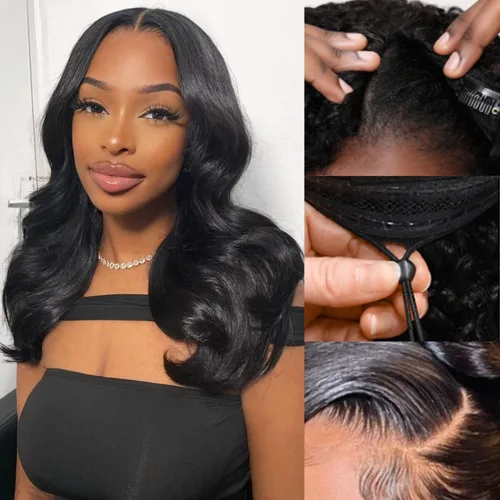 Miniatura 22 de Pelucas con camino en V ondulada de cabello humano virgen brasileño para mujeres negras; mejora de pelucas con camino en U, sin pegamento, con clip