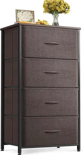 ODK Cómoda para dormitorio con 4 cajones de almacenamiento, cómoda pequeña cofre de cajones de tela con marco de acero resistente, parte superior de