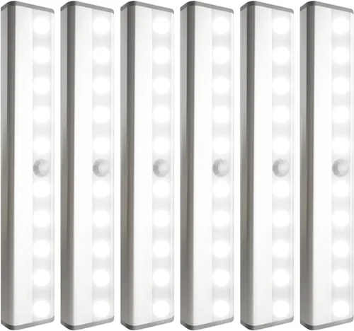 Paquete de 6 luces LED con sensor de movimiento, 10 luces LED para armario operadas por batería, barra de luz nocturna magnética adhesiva, luz LED