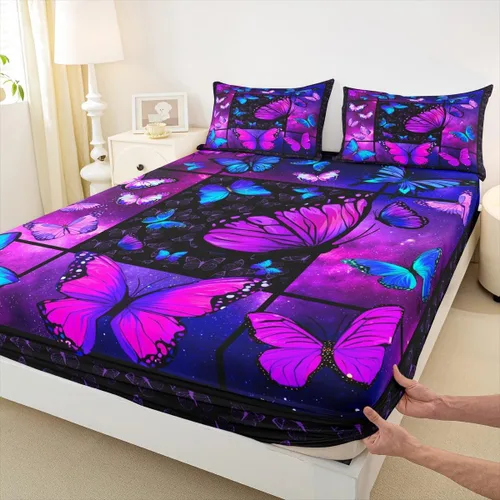 Miniatura 3 de Juego de sábanas de mariposa morada, tamaño Queen, con bolsillo profundo, galaxia mística, juego de ropa de cama de mariposa azul para niños, niñas