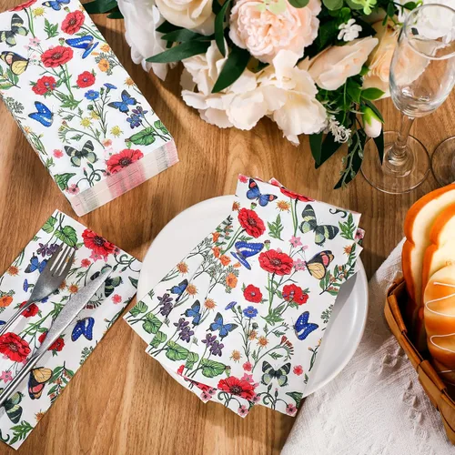 Miniatura 4 de Outus Paquete de 200 servilletas de 3 capas con diseño de mariposas y flores silvestres, servilletas de mano desechables de papel a granel