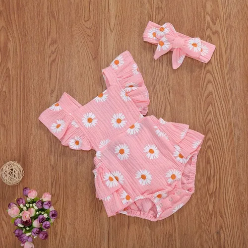 Miniatura 3 de Bebé Niñas Impresión Margarita Algodón Lino Volantes Sin Mangas Mameluco Mono Mono con Headaband Ropa Infantil Verano