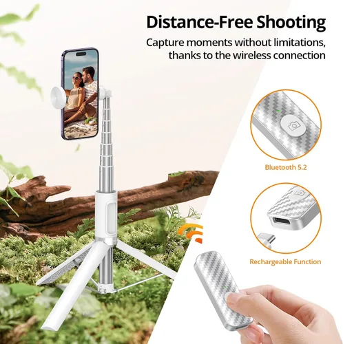 Miniatura 2 de ATUMTEK Trípode selfie stick de 55 pulgadas, trípode extensible todo en uno para teléfono con control remoto Bluetooth recargable para iPhone, Blanco
