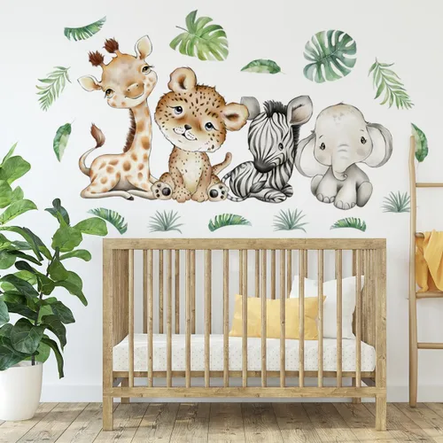 Miniatura 10 de Calcomanías de pared de animales de acuarela de 56.29 x 44.88 pulgadas, calcomanías de animales de selva, tigre, elefante, cebra, jirafa, mono