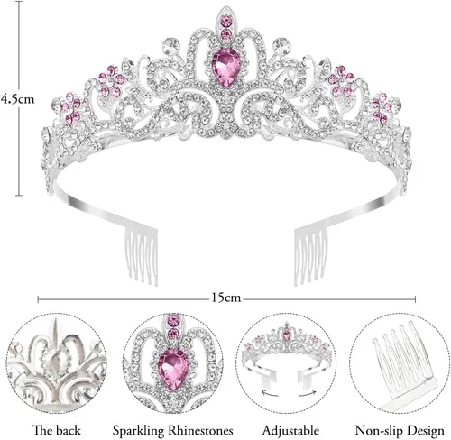 Miniatura 3 de Tiaras plateadas de cristal para mujer, diadema de diamantes de imitación para niña, corona de princesa con peines, elegantes decoraciones