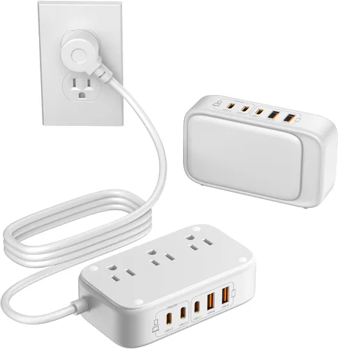 Regleta de alimentación 7 en 1, tira de alimentación USB C PD de 85 W con 3 USB-C, 2 puertos USB-A y salida de CA de 2500 W, enchufe plano total de