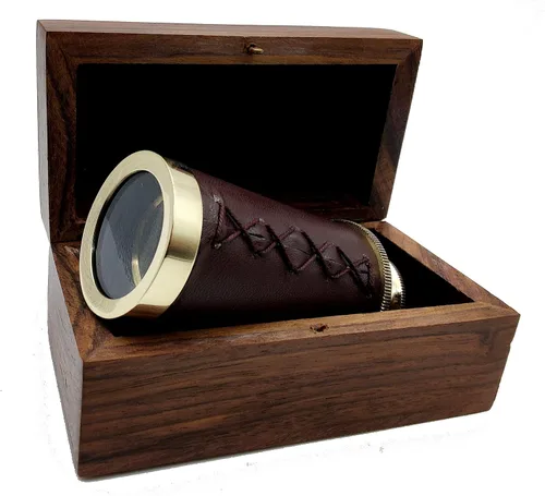 Miniatura 5 de 5MoonSun5 Telescopio de cristal espía de latón náutico con caja, latón (cuero marrón)