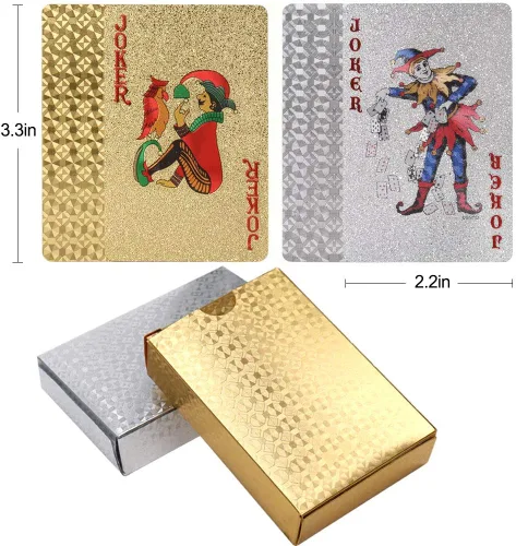 Miniatura 8 de Joyoldelf 2 barajas de cartas de juego de 24 quilates, póquer impermeable con patrón de dólar en caja de regalo, 1 oro + 1 plata