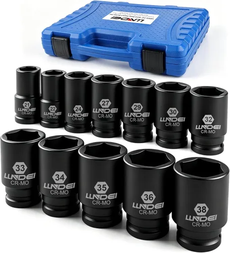 LLNDEI Juego de llaves de impacto de 3/4 pulgadas, 12 piezas de alta resistencia CR-MO, de 6 puntas, diseño profundo/jumbo, métrico 21mm-38mm, para