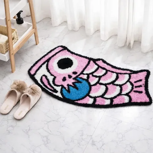 Miniatura 8 de Bonita alfombra de baño de peces para baño, suave, absorbente de agua, azul, para bañera, estilo japonés, almohadilla Koi para ducha