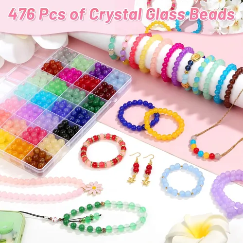 Miniatura 4 de shynek 476 Piezas Cuentas de Vidrio Redondas de 10mm, 28 Colores de Cuentas de Cristal para Hacer Pulseras, Joyería y Manualidades DIY 28