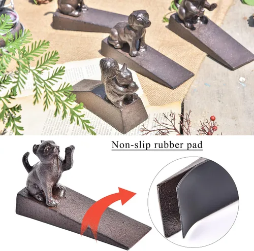 Miniatura 3 de Sungmor Topes de puerta de hierro fundido sólido con alfombrilla antideslizante, gran resistencia, bonita forma de gato y estilo antiguo, cuña