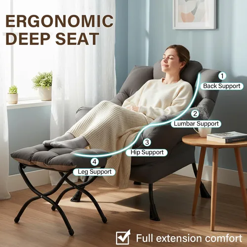 Miniatura 5 de Welnow - Silla perezosa con otomana, moderna silla de descanso con reposabrazos y bolsillo lateral, juego de sillón tapizado de ocio, sillón de Gris