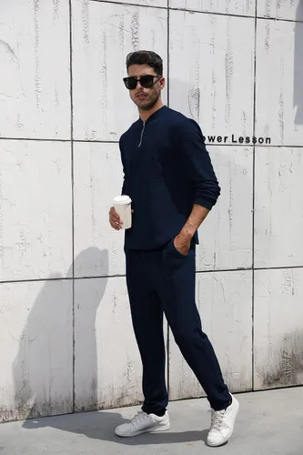 Miniatura 14 de FZNHQL Conjunto deportivo de moda para hombre, 2 piezas, casual, atlético, para correr, manga corta/larga, conjunto para hombre