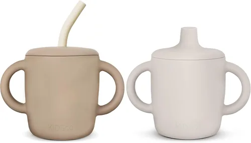 KIDSco. Vaso de silicona con asas de transición de fácil agarre, boquilla suave y pajita. Una taza de entrenamiento irrompible no tóxica sin Avena y