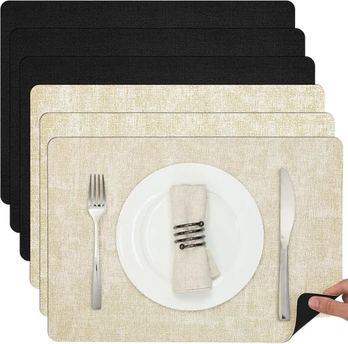 Miniatura 43 de Myir JUN Juego de 6 manteles individuales de doble cara, de piel sintética, para interiores, para mesa de comedor, exteriores, cuadrados, Negro