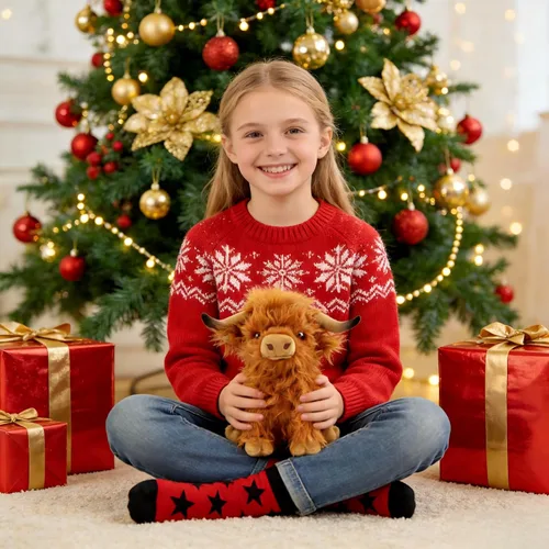 Miniatura 5 de OROZCOR Animal de Peluche de Vaca Highland, Lindos Juguetes de Figuras de Peluche de Vaca Esponjosa, Decoración de Peluche de Ganado Highland