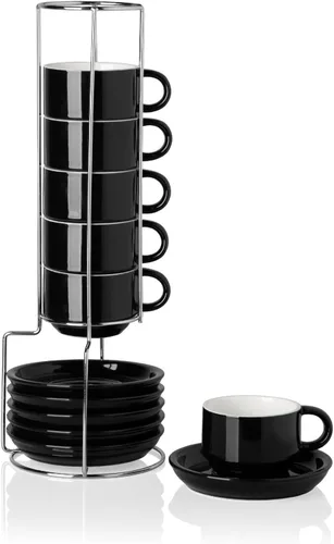 Miniatura 34 de Sweejar - Tazas de café de porcelana con platillos, tazas de capuchino apilables de 4 onzas con soporte de metal para bebidas de café, café