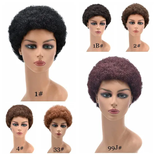 Miniatura 7 de Pelucas afro para mujeres negras, sin pegamento, cabello humano corto, rizado, esponjoso, hechas a máquina, ligera, peluca completa de cabello