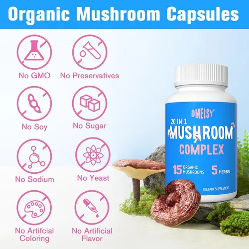 Miniatura 7 de Suplemento de hongos de 2600 mg, complejo de hongos 20 en 1, con melena de león, cordyceps, reishi, cola de pavo, Chaga - Suplementos cerebrales