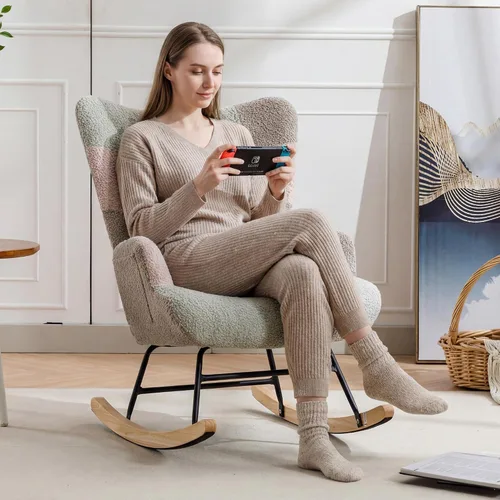 Miniatura 3 de Silla mecedora tapizada estilo oso de peluche para cuarto de bebé, con respaldo alto, silla lateral cómoda para sala de estar, dormitorio, oficinas