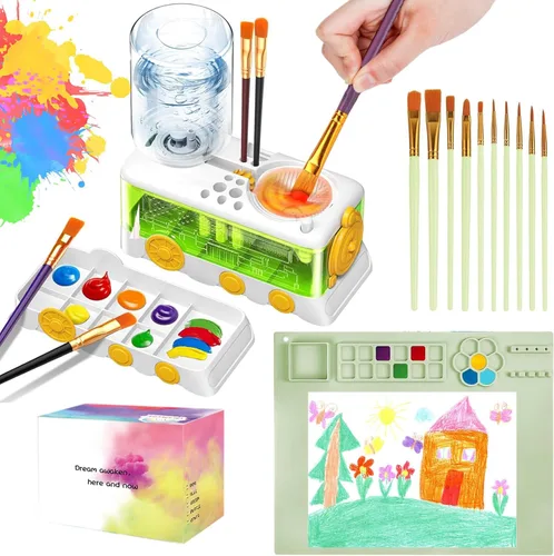 Kit de limpieza de pinceles para niños con 5 pinceles, bata de arte, tapete lavable, guía, tarro limpiador de pinceles en espiral para acuarela