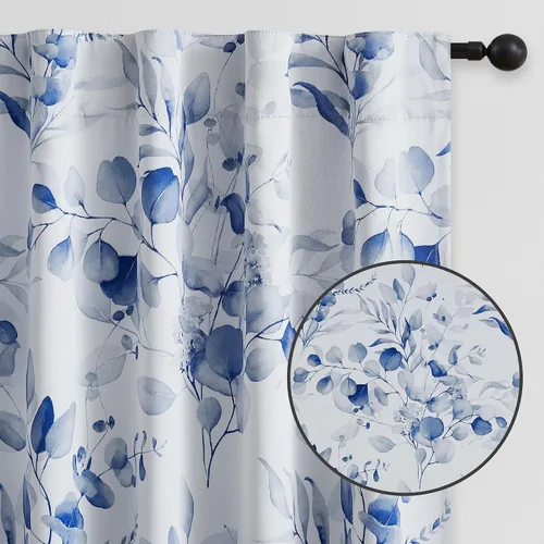 Miniatura 5 de Cortinas 100% opacas con patrón floral azul, 96 pulgadas de largo para dormitorio, estampado de hojas de acuarela, cortinas con aislamiento térmico