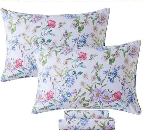 Miniatura 74 de FADFAY Juego de sábanas tamaño King, 100% algodón, elegante ropa de cama de granja con hojas verdes menta y flores blancas, sábana suave