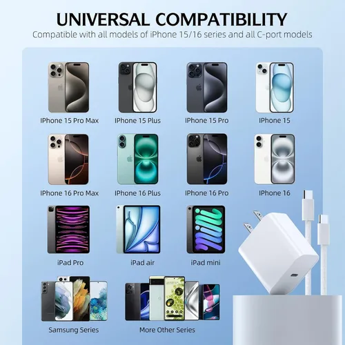 Miniatura 3 de Cargador de carga rápida para iPhone 17 16 15, paquete de 2 cables tejidos USB C de 10 pies de largo con bloque de carga rápida USBC de 20 W